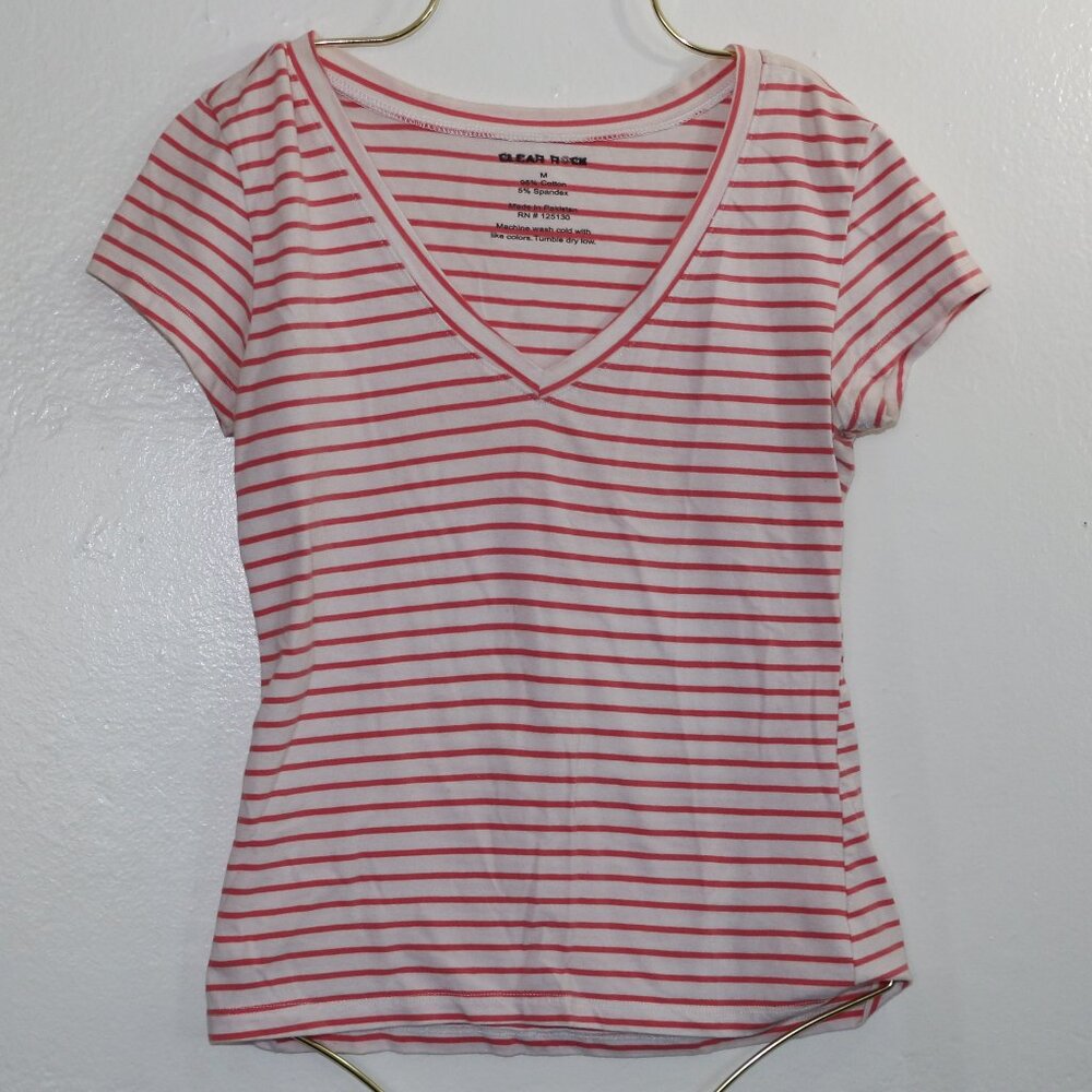 Clear Rock White & Pink Striped V-Neck T-Shirt – Size Medium 🌸✨